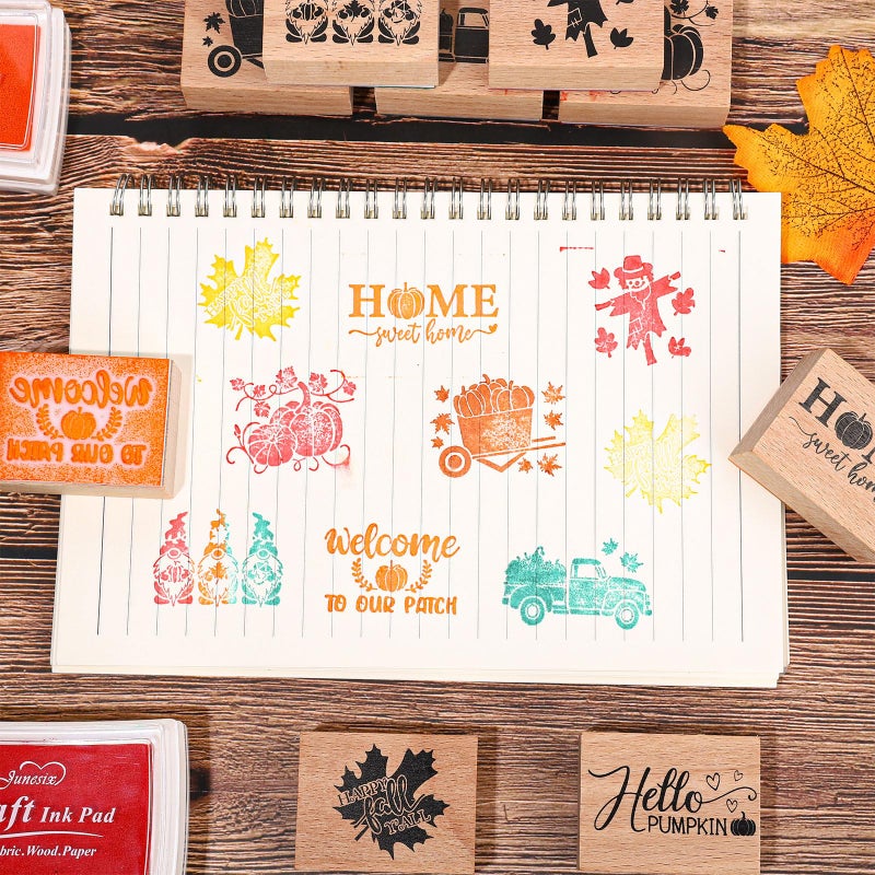 وولاين طوابع مطاطية خشبية من Whaline 9 قطع من طوابع مطاطية خشبية مع 5 ألوان وسادات حبر حرفية لخريف اليقطين جنوم DIY طوابع حرفية لتزيين حفلات عيد الشكر وصنع بطاقات القصاصات - Image 4